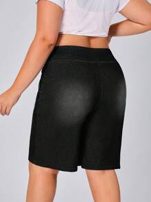 Flexra Plus Size Solid Color Casual Denim Shorts - Black - View 2