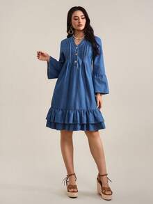 SHEIN Tall 女士V领喇叭袖纽扣半开襟休闲褶裥牛仔连衣裙 - 藍色 - 查看 6