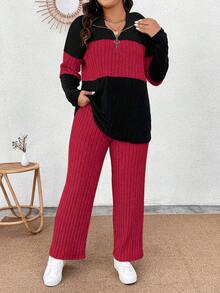 EMERY ROSE Bộ đồ 2 mảnh cỡ lớn gồm áo thun dài tay cổ bẻ có khóa kéo trang trí, chất liệu mềm mại, phối màu và quần dài mềm mại, kiểu dáng thường ngày. - Nhiều màu - Xem 4