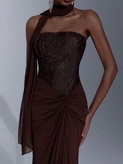 Elitara Elegant Brown Glossy Jacquard Patchwork Chiffon Strapless Basque Low Waist Fishtail Maxi Dress (Detachable Halter Included), Suitable For Dates, Vacations, Singles Parties, Weddings, Business Galas, Opera, Women's Evening Gowns