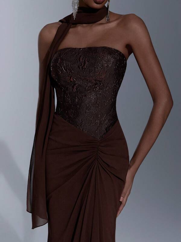 Elitara Elegant Brown Glossy Jacquard Patchwork Chiffon Strapless Basque Low Waist Fishtail Maxi Dress (Detachable Halter Included), Suitable For Dates, Vacations, Singles Parties, Weddings, Business Galas, Opera, Women's Evening Gowns