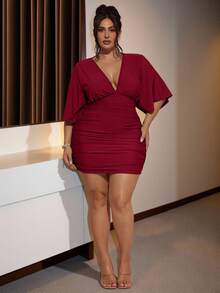 SHEIN BAE Gaun Natal Mini Hijau Leher V untuk Wanita Ukuran Plus - Burgundy - View 6