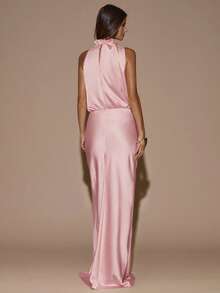 SHEIN BAE Đầm dài màu vàng kem thanh lịch, bất đối xứng, không tay, gợi cảm, tối giản, thích hợp cho tiệc tùng, cocktail, đám cưới, sinh nhật, chất liệu satin. - Màu Hồng  San hô - Xem 2