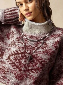 Bohemela 波西米亚风秋冬外套，女士复古红白提花费尔岛针织高领毛衣，西部乡村风格，适合度假、日常穿着、返校季、万圣节、圣诞节、新年、情人节等场合，冬季女装 - 酒紅色 - 查看 13