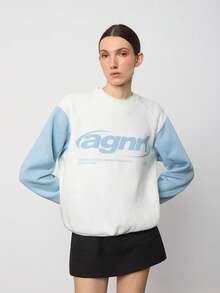 SURIMA بلوزة رياضية فضفاضة بأكمام طويلة ذات لونين أبيض وأزرق فاتح مناسبة للخريف/الشتاء للنساء