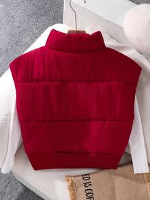 SHEIN Teen GirlCasual All-Match Versatile Sleeveless Short Padded Vest, Autumn/Winter - Burgundy - View 2