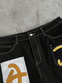 AXEPEAK 男士水洗字母印花时尚牛仔短裤 - 黑色 - 查看 3