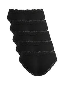 Ocili 5条/包 时尚秋季休闲基础款纯色柔软棉质蕾丝边低腰女士三角裤 - 黑色 - 查看 10