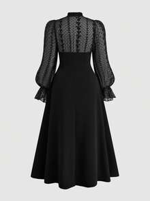 Sweetra 大码蕾丝刺绣优雅复古中长连体裤连衣裙，适合派对和聚会 - 黑色 - 查看 2