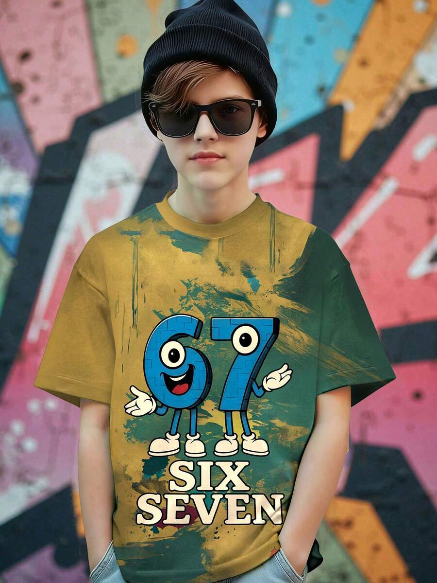 青少年男童休闲简约“67”数字SIX SEVEN图案短袖圆领T恤，街头风，舒适休闲，适合外出和运动，多色上衣 - 彩色 - 查看 1