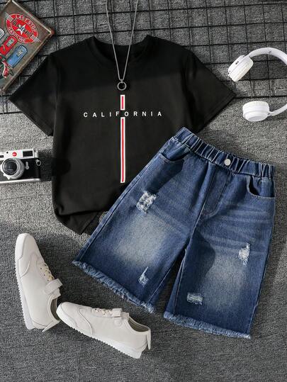 Coolqubz Camiseta de manga corta blanca de corte holgado con estampado de letras negras, combinada con pantalones cortos vaqueros rectos de pierna holgada de color azul claro desgastado, para niños preadolescentes, de tela suave y cómoda, para uso diario casual