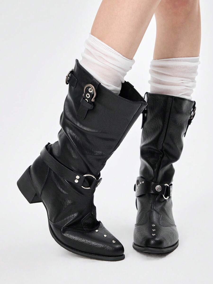 ROMWE Plain Pointed Toe Casual Ankle Boots, Fashion & Versatile, Autumn/Winter Valentine's Day - Black - View 1