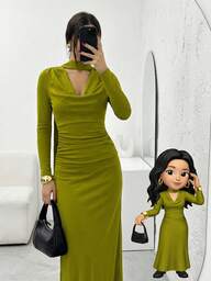 Firerie Moos-grünes einfarbiges Maxikleid mit gerüschtem A-Linien-Schnitt und Bindedetail am Ausschnitt, grünes Maxikleid, Kleid mit gerüschtem Ausschnitt, Langarmkleid, einfarbiges Kleid, sexy elegantes Kleid, Brautjungfernkleid für Hochzeitsfeier, Kleid mit Bindedetail am Ausschnitt, geeignet für Frühling, Sommer, Herbst, Winter, elegant, Büro, Date, Party, Hochzeit, Abschlussfeier, Arbeit, Schulanfang, Jahrestreffen, Geburtstag, Feiertage