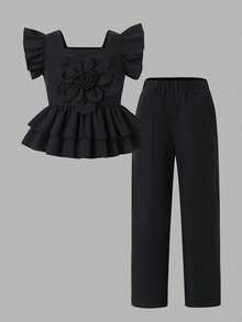 2pcs Tween Girls Fashion Ruffle Top & Pants Set - Black - View 8