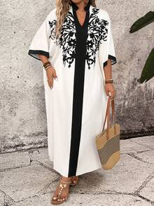 EMERY ROSE 大码女式碎花撞色休闲优雅长裙，适合派对、浪漫约会、情人节等场合 - 彩色 - 查看 7