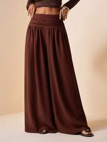 Zivah 2026 Spring/Summer New Music Festival, Easter, St. Patrick's Day, Valentine's Day, Date, Western, Nomadic, Birthday Party, Graduation, College, Student, Daily Casual, All-Match, Leisure, Vacation, Cruise, Beach, Sunbathing, Viral Hit, Streetwear, Wedding Guest, Boho, Commute, Brunch, Airport, Party, Holiday Outing, Office Wear Women's Pleated Pocket Wide Leg Pants, Linen Texture Fabric, Brown - Brown - View 5