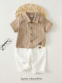 Cozy Pixies 2pcs/Set Baby Boy Blue And White Striped Summer Casual Family Matching Vacation Lapel Short Sleeve Cardigan Top,Elastic Waist Straight Leg Pants - Khaki - View 5