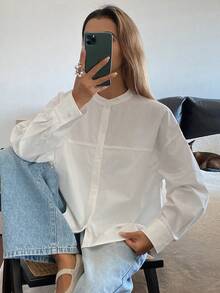 DAZY 女士宽松立领长袖优雅正式衬衫，春秋季 - 白色 - 查看 5