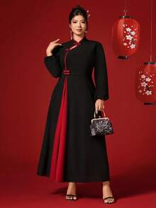 Elenzga 大码女式长袖修身连衣裙，中国风，适合新年主题及秋冬季穿着。 - 彩色 - 查看 3