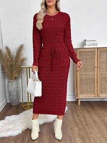 EMERY ROSE Đầm dệt kim dài tay cổ tròn có dây rút eo, kiểu dáng thanh lịch dành cho nữ. - Màu Đỏ Sâu - Xem 4