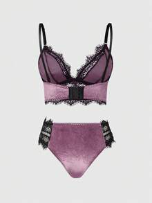 ROMWE Gothic Style Velvet Lace Triangle Cup Thong Lingerie Set - Dusty Pink - View 2