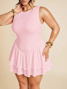 SHEIN BAE 大码女装春夏基础款纯白色无袖紧身褶皱修身优雅迷你双层荷叶边连体裤，女士连衣裙，情人节连体裤，日常连体裤，优雅连体裤，白色连体裤 - 珊瑚粉 - 查看 6