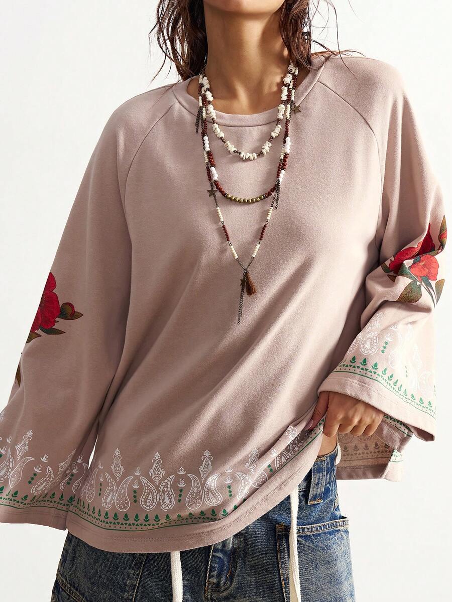 Bohemela Women's Retro Style Casual Solid Color Knit Crew Neck Loose Washed Print Sweatshirt In Fall/Winter - Pink - View 1