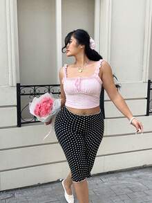 SHEIN EZwear Camiseta Romântica Rosa Transparente com Babados na Barra, Fashion e Versátil para Primavera/Verão, Dia dos Namorados - Rosa chiclete - Visão 2