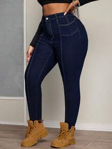 Slaydiva Plus Size Elastic Denim Jeans With Symmetrical Split Design - Dark Wash - View 6
