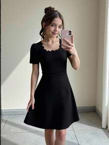 SHEIN Tween Girls' Elegant Commute & Party Wavy Collar Waist Cinched Short Sleeve Mini Knit Dress - Black - View 10