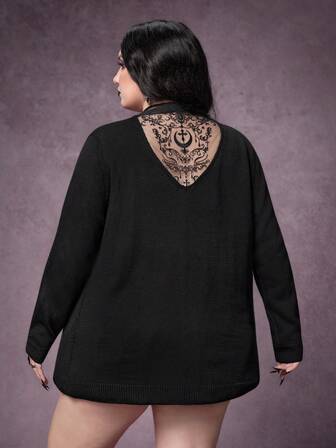 Damen Große Größen Gothic Pflanzen- & Halbmond Burg Stickerei Mesh Patchwork dünne Strickjacke