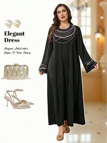 Al Najma جلابيات قفاطين رمضان فستان أنيق بياقة مستديرة وأكمام واسعة مزين بالخرز، للربيع/الصيف - الأسود - مشاهدة 1