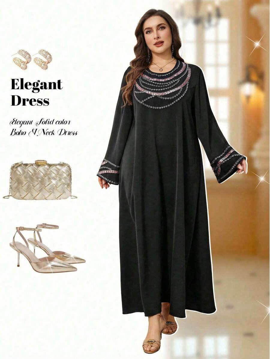 Al Najma جلابيات قفاطين رمضان فستان أنيق بياقة مستديرة وأكمام واسعة مزين بالخرز، للربيع/الصيف - الأسود - مشاهدة 1