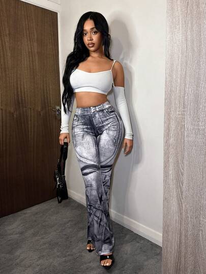 BamGleam Denim Effect Flower Shaped Elastic Flared Pants, Street Casual