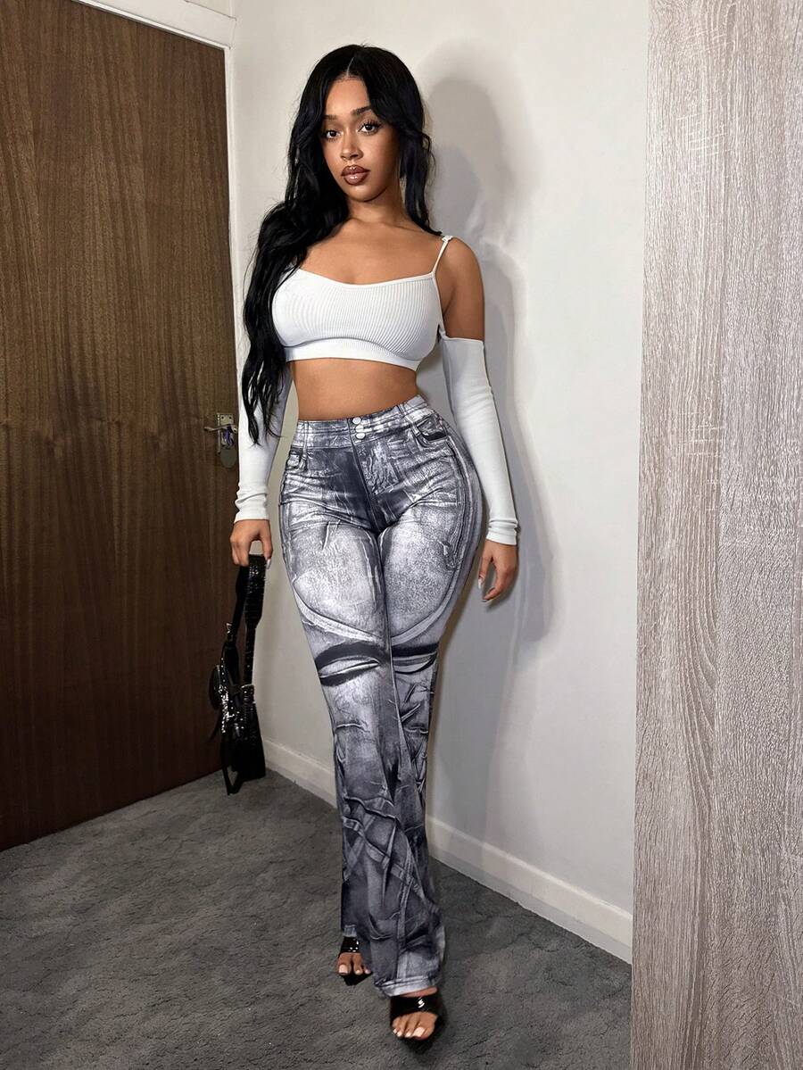 BamGleam Denim Effect Flower Shaped Elastic Flared Pants, Street Casual - Multicolor - View 1