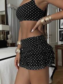 Ronhire Chân váy ngắn xếp nếp nhiều lớp họa tiết chấm bi cho nữ, thời trang xuân/hè - màu đen - Xem 6