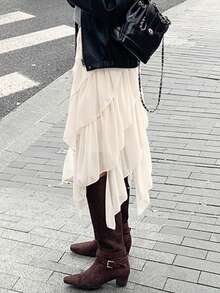 DAZY Chân váy chiffon bất đối xứng, thiết kế cổ điển kiểu Pháp dành cho nữ. - Màu be - Xem 7