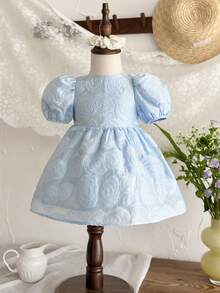 LMoss Kids LMoss 嬰兒女童可愛水藍色編織圓領 3D 蝴蝶結休閒洋裝，夏季派對服飾，適用生日、慶祝活動與日常穿著的舞會禮服 - 藍色 - 查看 6