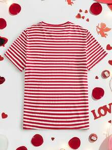 HIMLAND 男士条纹圆领爱心刺绣休闲百搭情人节约会短袖T恤