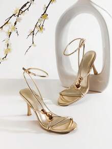 SHUZIA Women's Elegant Round Toe Metal Ornamentation Ankle Strap Stiletto Heeled Sandals - Gold - View 3