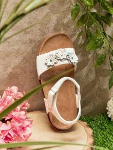 Mini mi #SweetBloom Kids' 3D Flower & Holographic Petal Slingback Soft-Footbed Premium Faux Leather White Sandals – Cute, Comfy & Lightweight - White - View 7