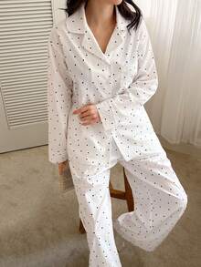 DAZY 女士波点长袖单排扣口袋上衣和裤子睡衣套装 - 白色 - 查看 5