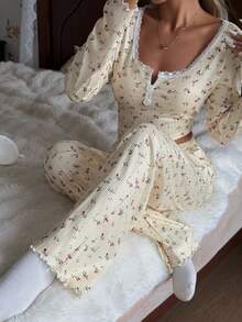 CottageSlumber Romantic Floral Lace Trim Square Collar Jacquard Knit Long Sleeve Pajama Set - Yellow - View 8