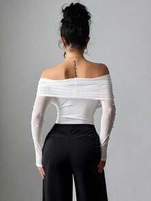 Firerie 女士优雅白色露肩珍珠装饰荷叶边连体衣，修身优雅浪漫派对/约会情人节服装 - 白色 - 查看 3