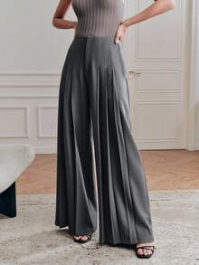 Anewsta 优雅时尚的灰色阔腿裤，高腰宽松垂坠设计，显瘦百搭休闲裤 - 灰色 - 查看 6