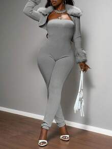 Slaydiva Women's Solid Color Ribbed Jumpsuit & Jacket 2 Pieces Set Grey Ribbed Jumpsuit Comfortable Jumpsuit - Grey - View 3