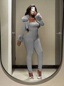 Slaydiva Women's Solid Color Ribbed Jumpsuit & Jacket 2 Pieces Set Grey Ribbed Jumpsuit Comfortable Jumpsuit - Grey - View 7