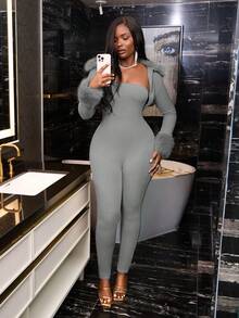 Slaydiva Women's Solid Color Ribbed Jumpsuit & Jacket 2 Pieces Set Grey Ribbed Jumpsuit Comfortable Jumpsuit - Grey - View 9