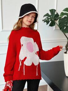 Tween Girl Oversized Casual Minimalist Cozy High Neck Floral Pattern Long Sleeve Warm Sweater - Red - View 3