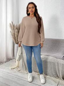 SHEIN LUNE 大码女式休闲纯色纹理长袖卫衣 - 杏色 - 查看 3